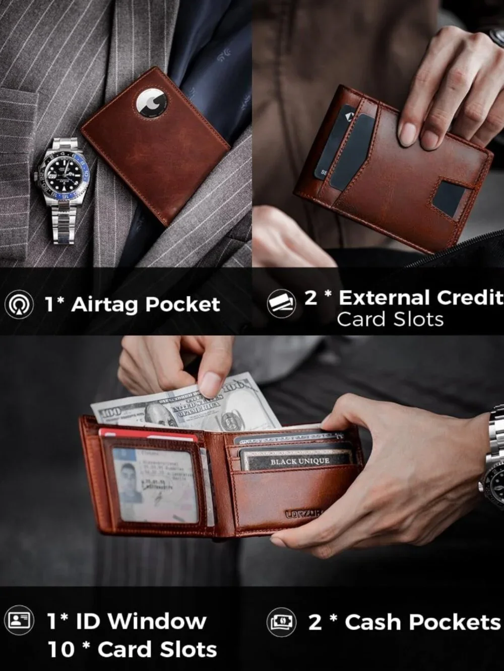 Minimalist Bifold Leather Wallet with AirTag Holder, RFID Blocking, 12 Card